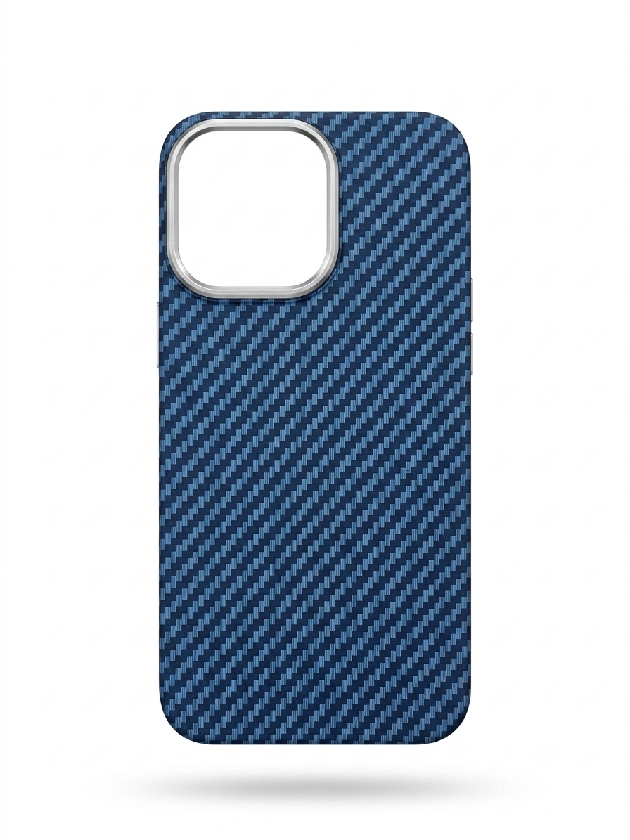 CASELIK Carbon Case — Atlantic, navy carbon-fiber weave iPhone case, angled view